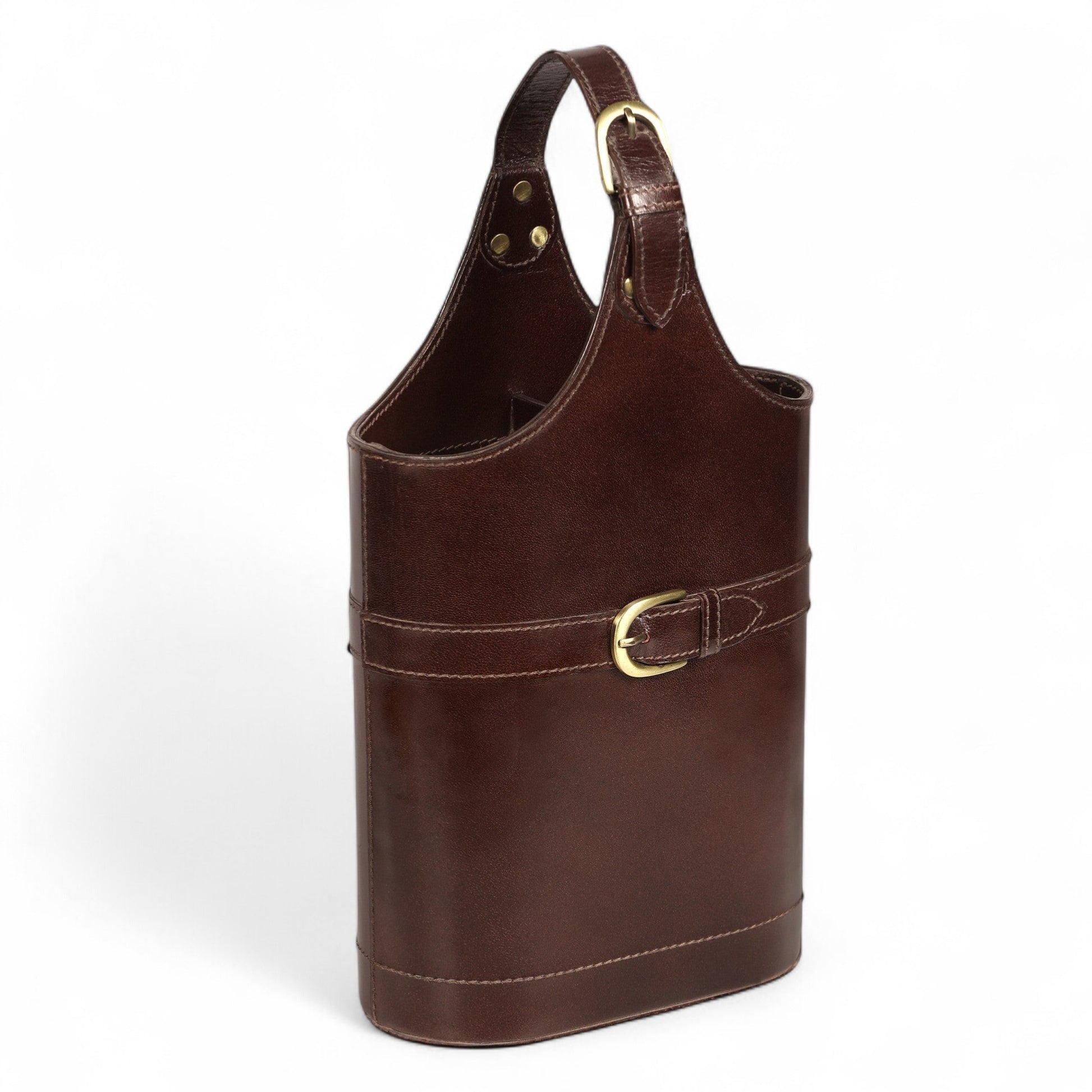 Brown leather wine holder with gold buckle on a white background