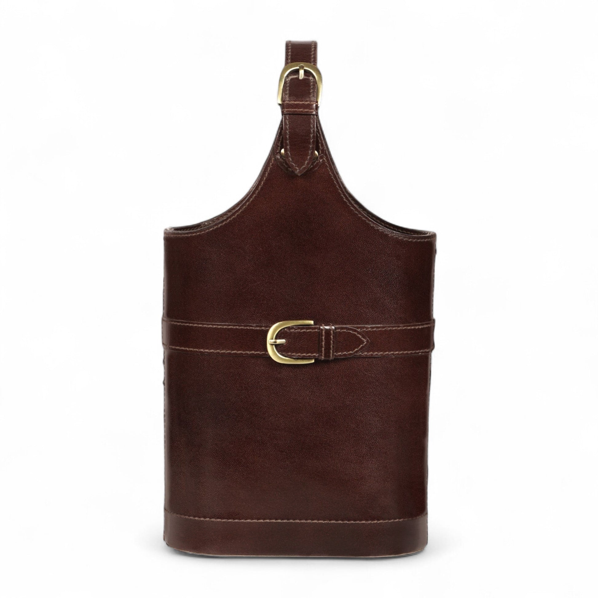 Brown leather bag with gold buckles on a white background