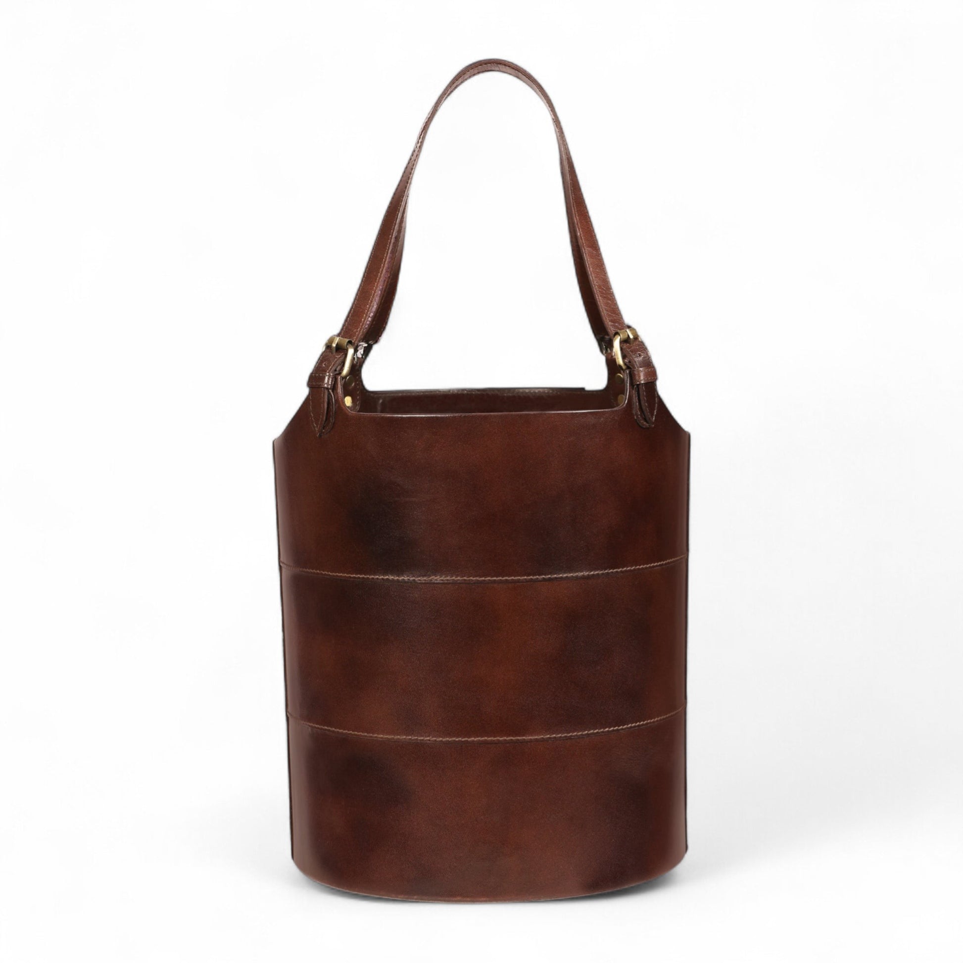 Brown leather handbag on a white background