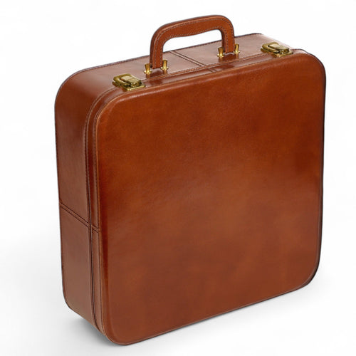 Brown leather briefcase on a white background