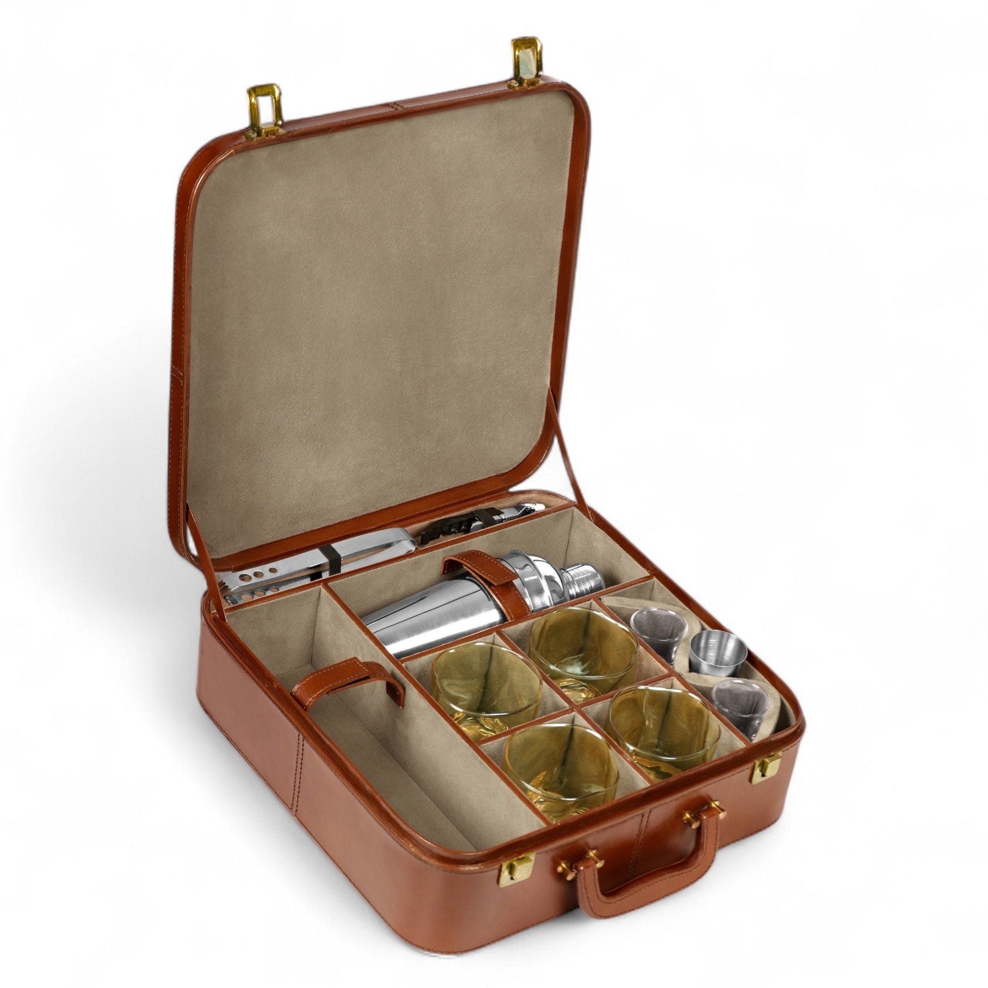 Open brown leather briefcase containing cocktail shaker and glasses on a white background
