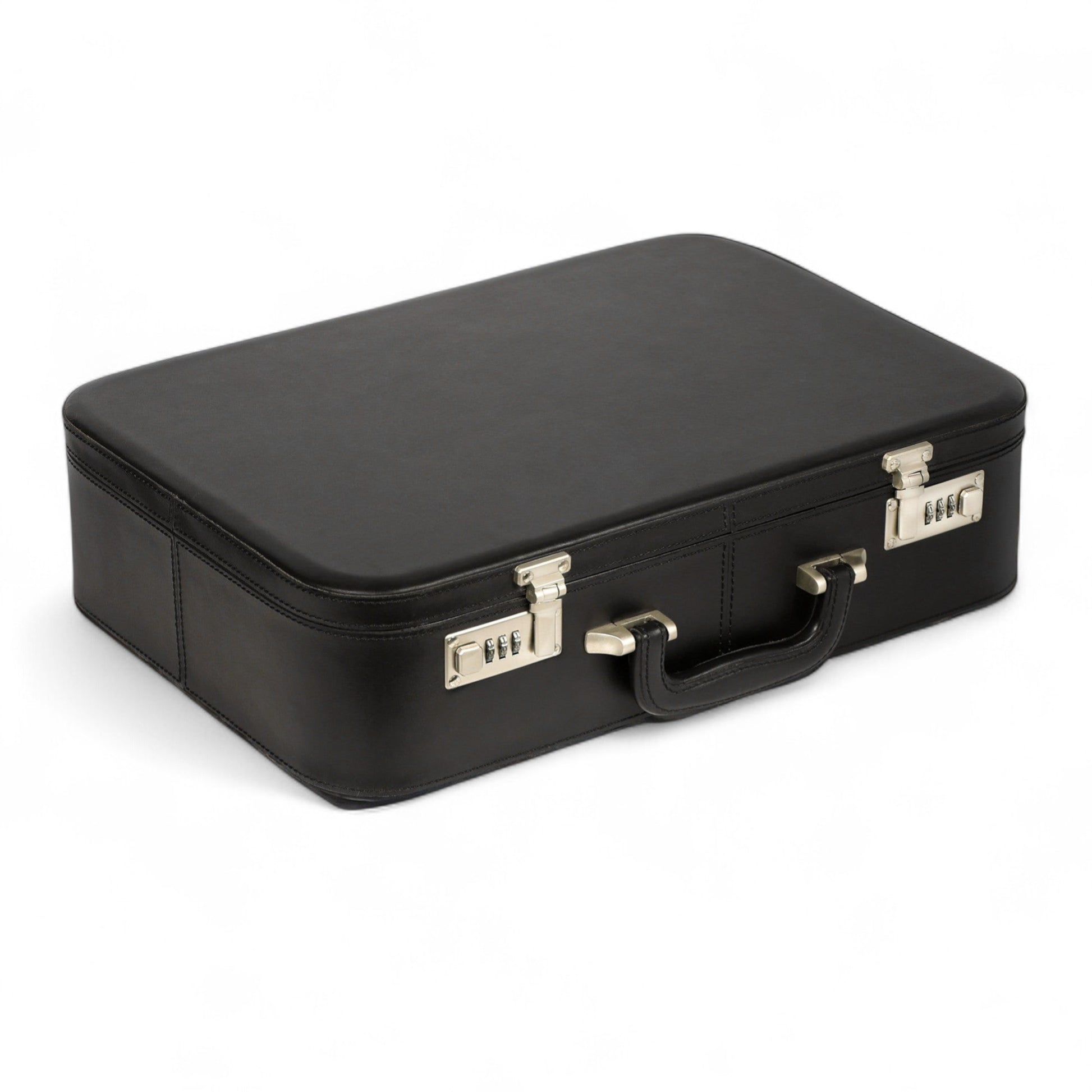 Black suitcase with gold hardware on a white background