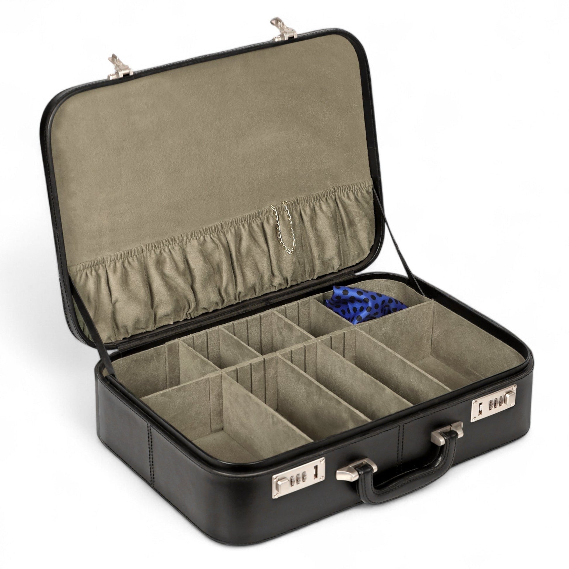 Black jewelry case with compartments on a white background