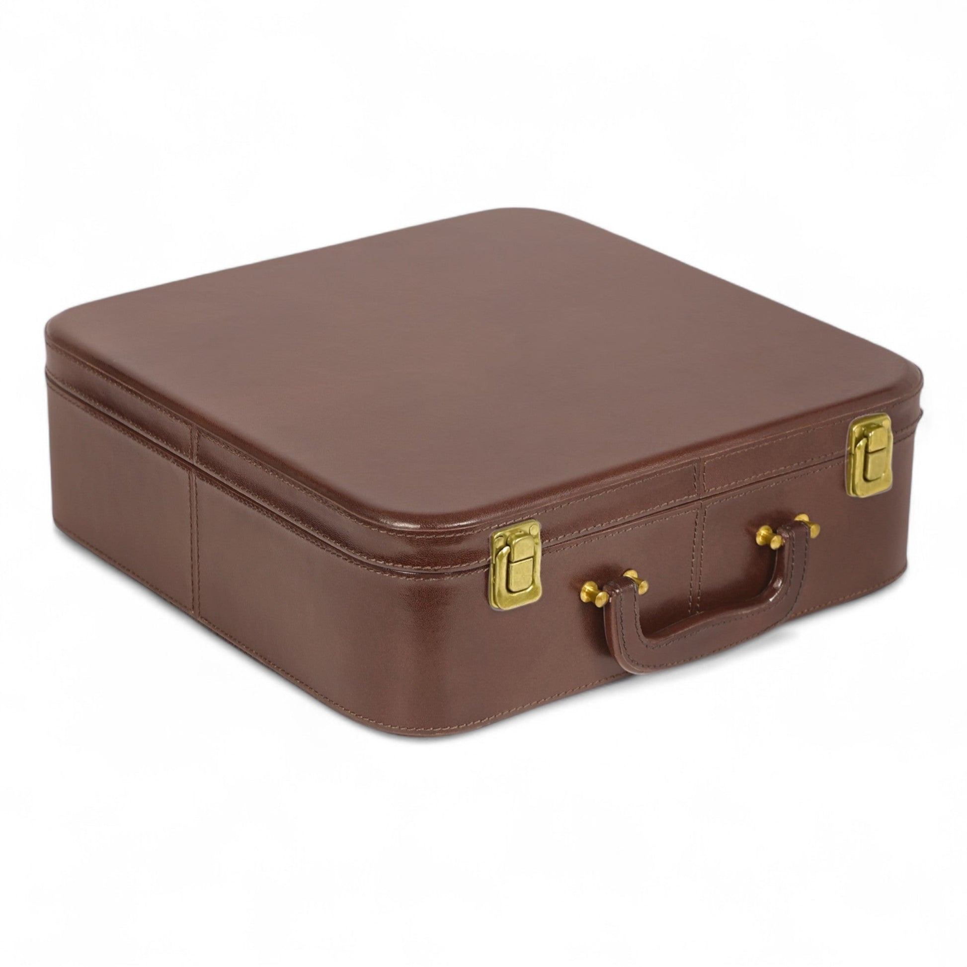Brown suitcase with gold hardware on a white background