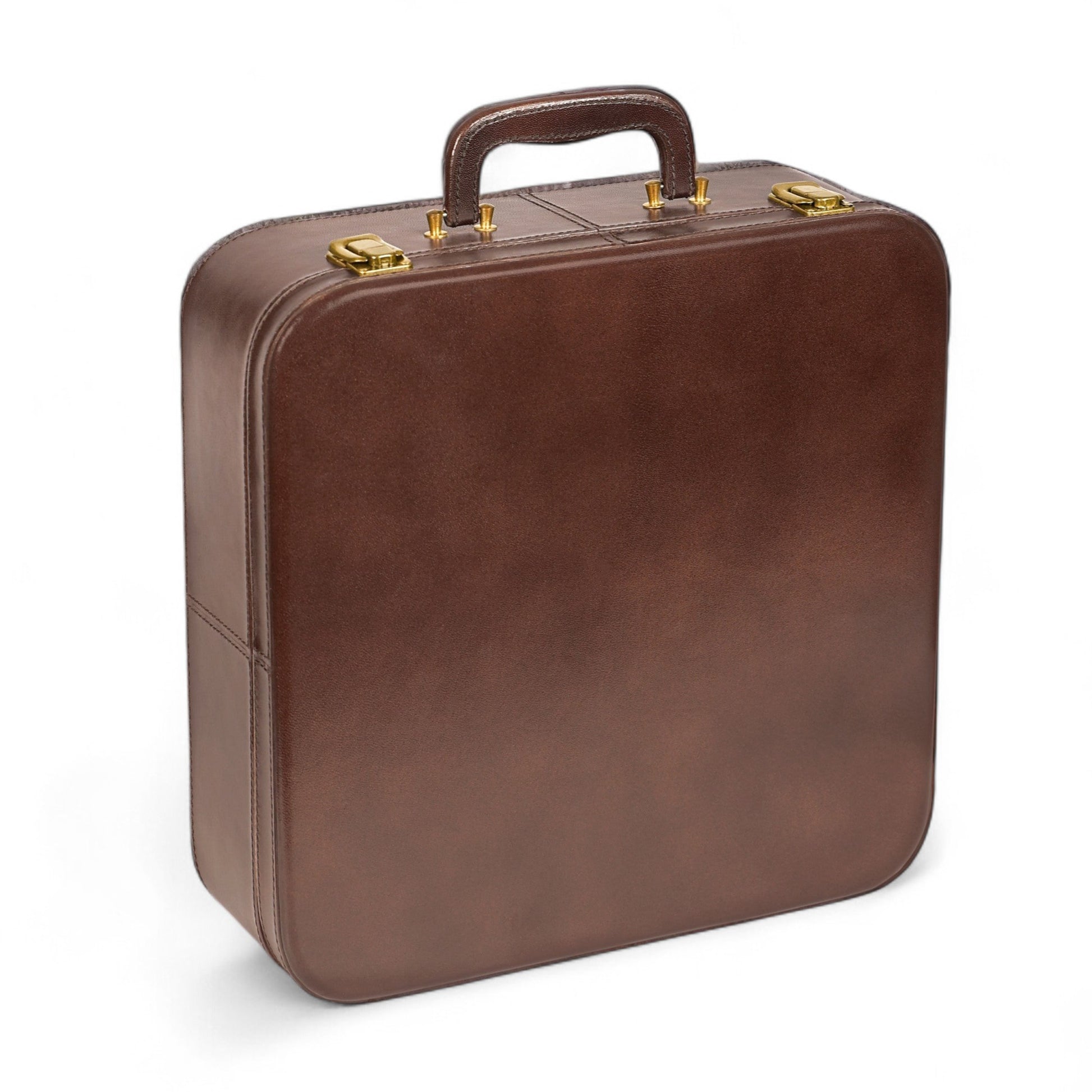 Brown leather suitcase with gold hardware on a white background