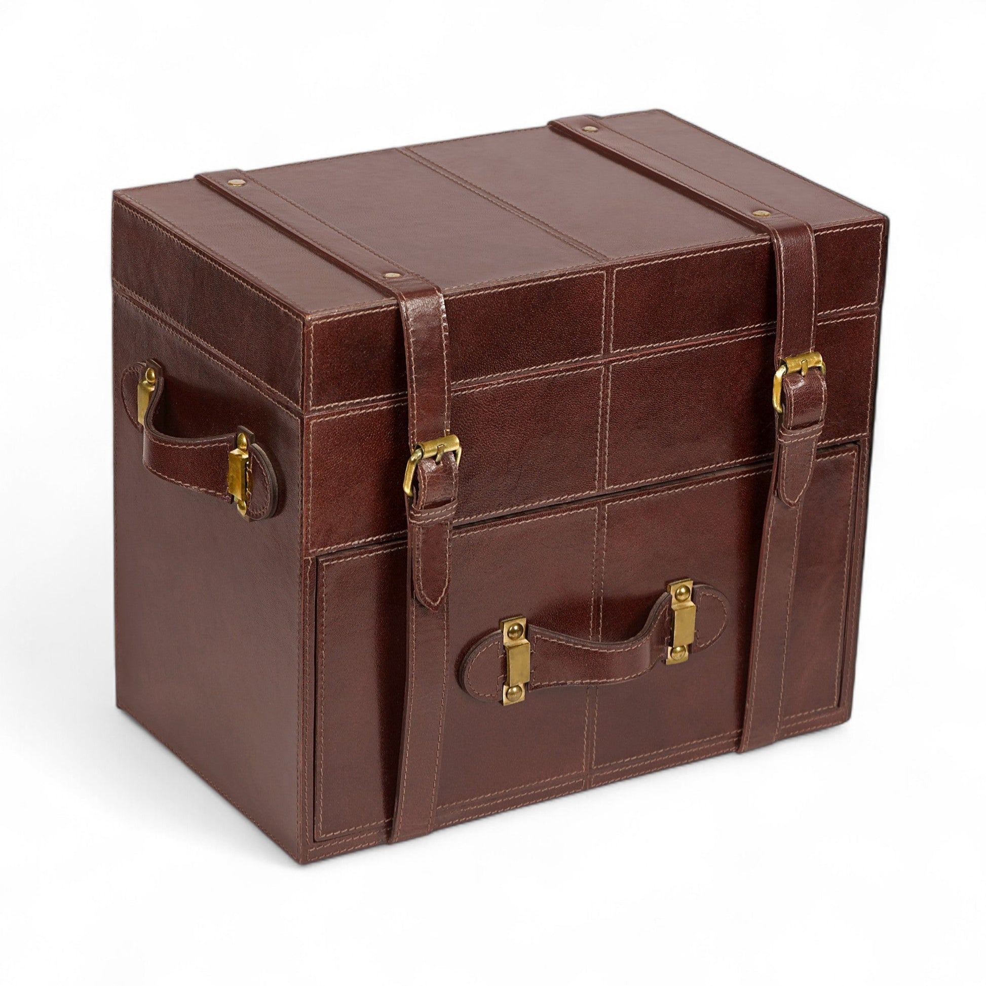 Brown leather suitcase with gold hardware on a white background