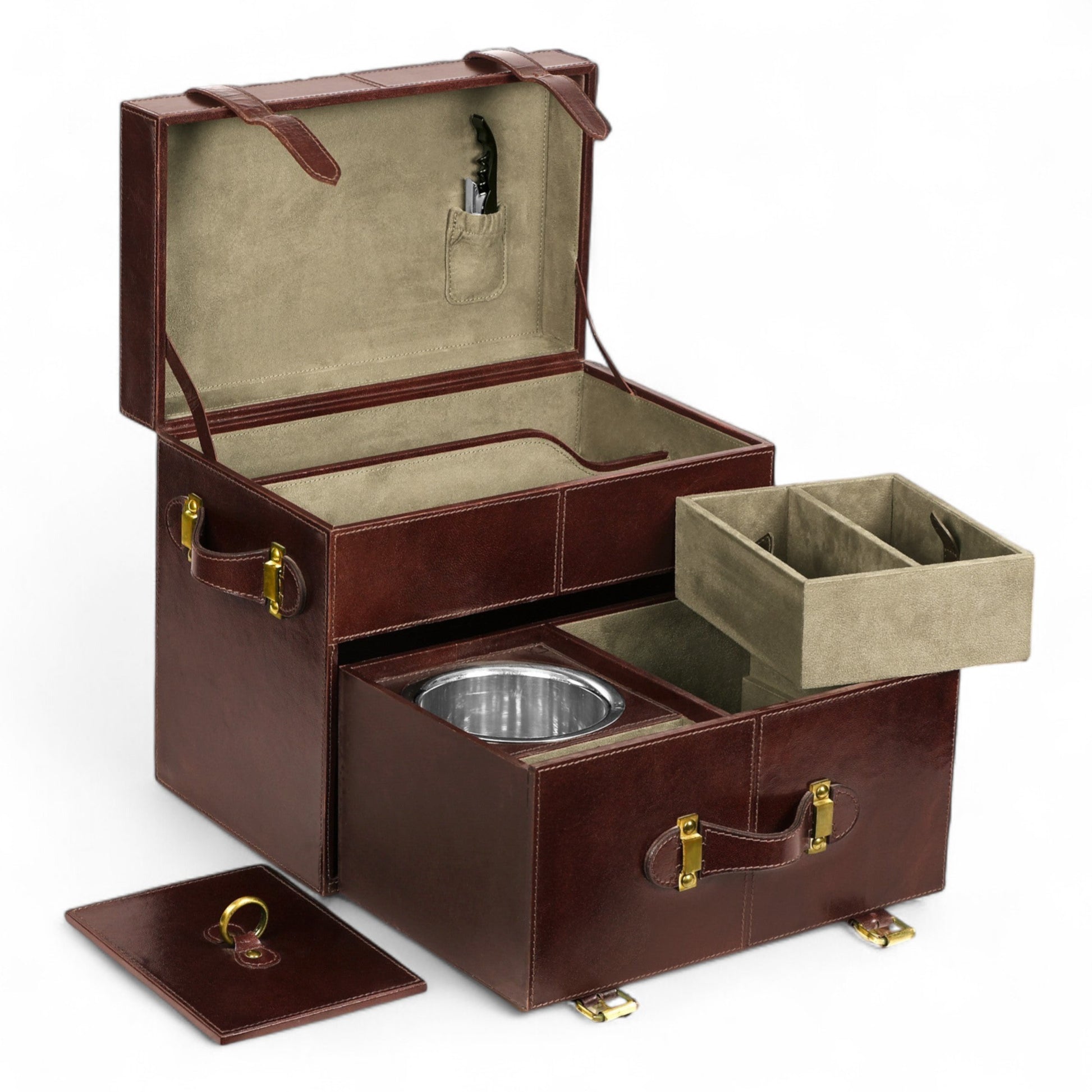 Brown leather grooming box with interior compartments on a white background