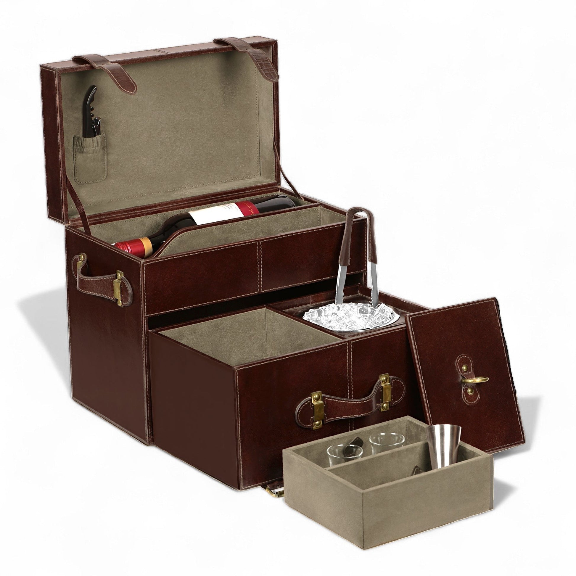 Brown leather wine cooler with open lid showing bottles and accessories on a white background