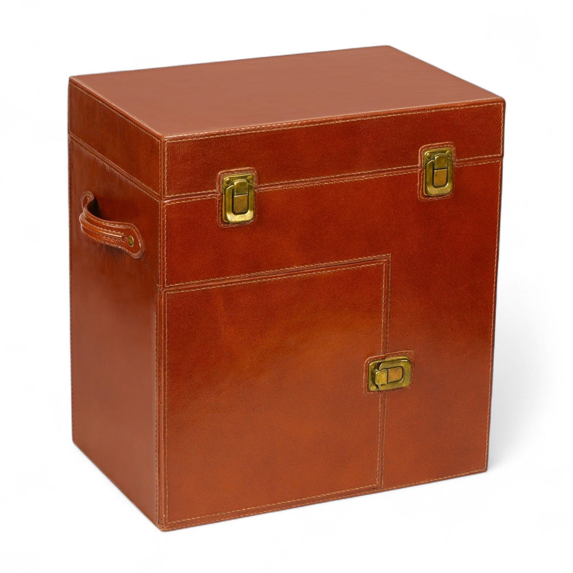 Brown leather storage trunk with gold hardware on a white background