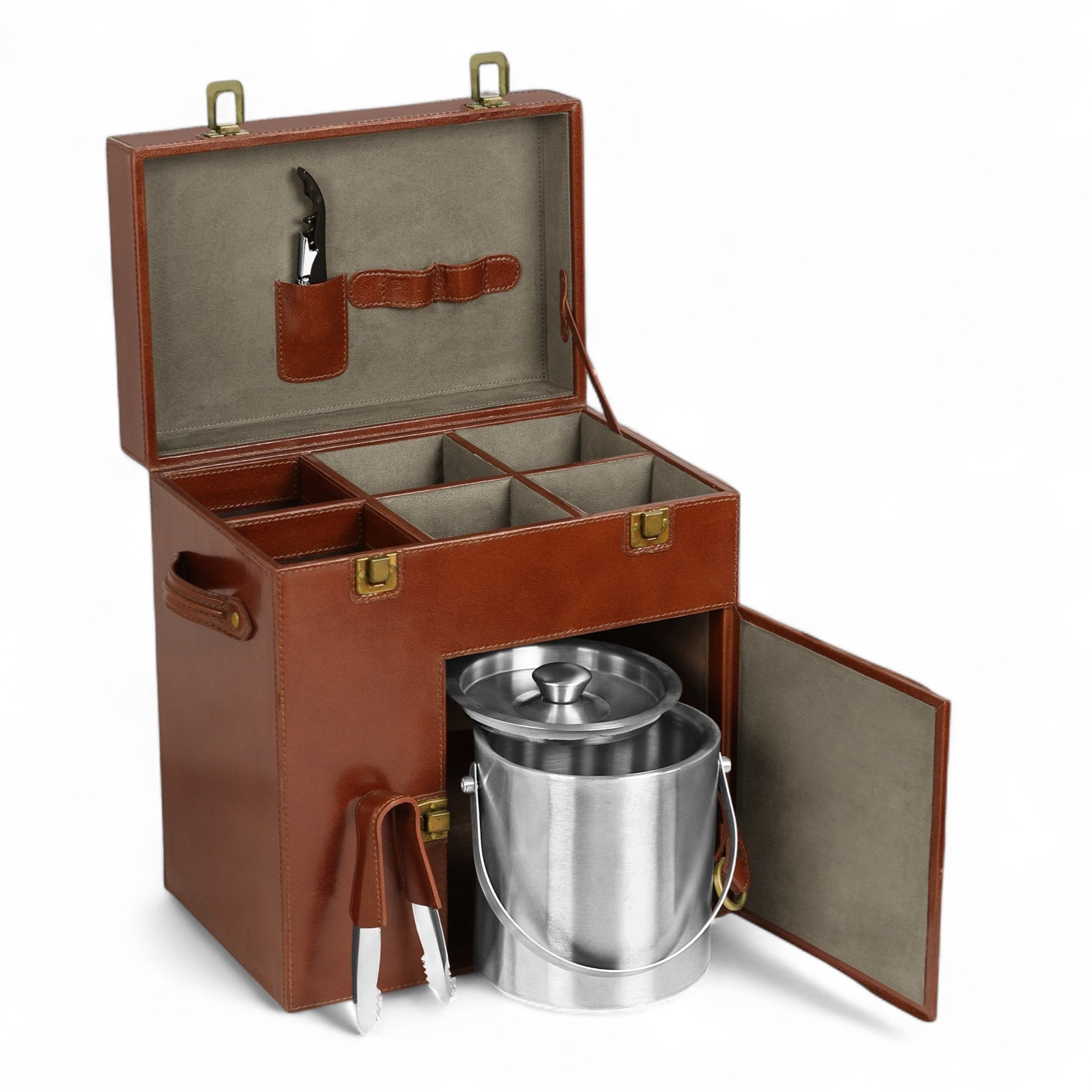 Brown leather picnic basket with silver bucket and accessories on a white background