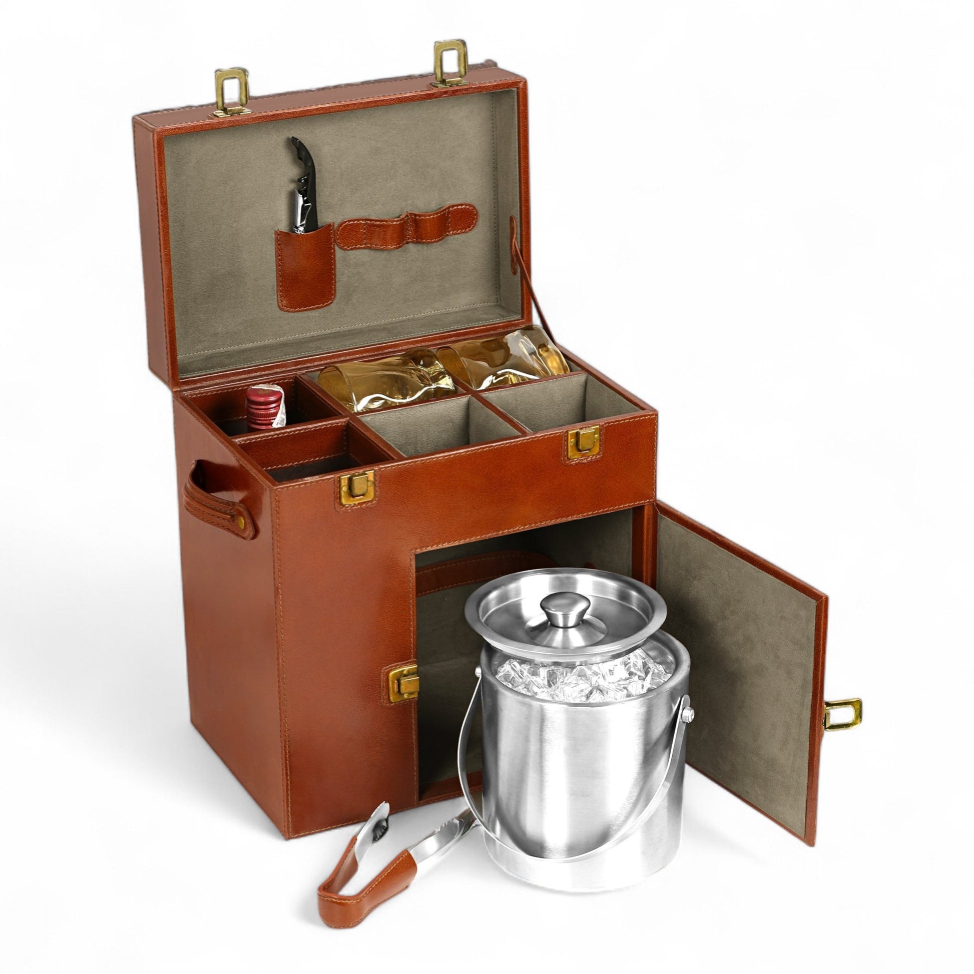 Brown leather wine box with silver wine cooler on a white background