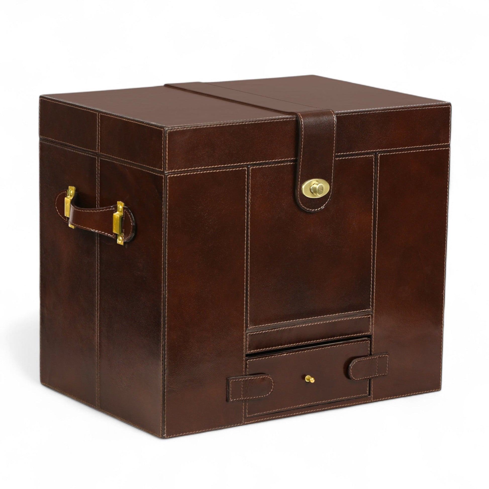 Brown leather storage trunk with a handle and lock on a white background