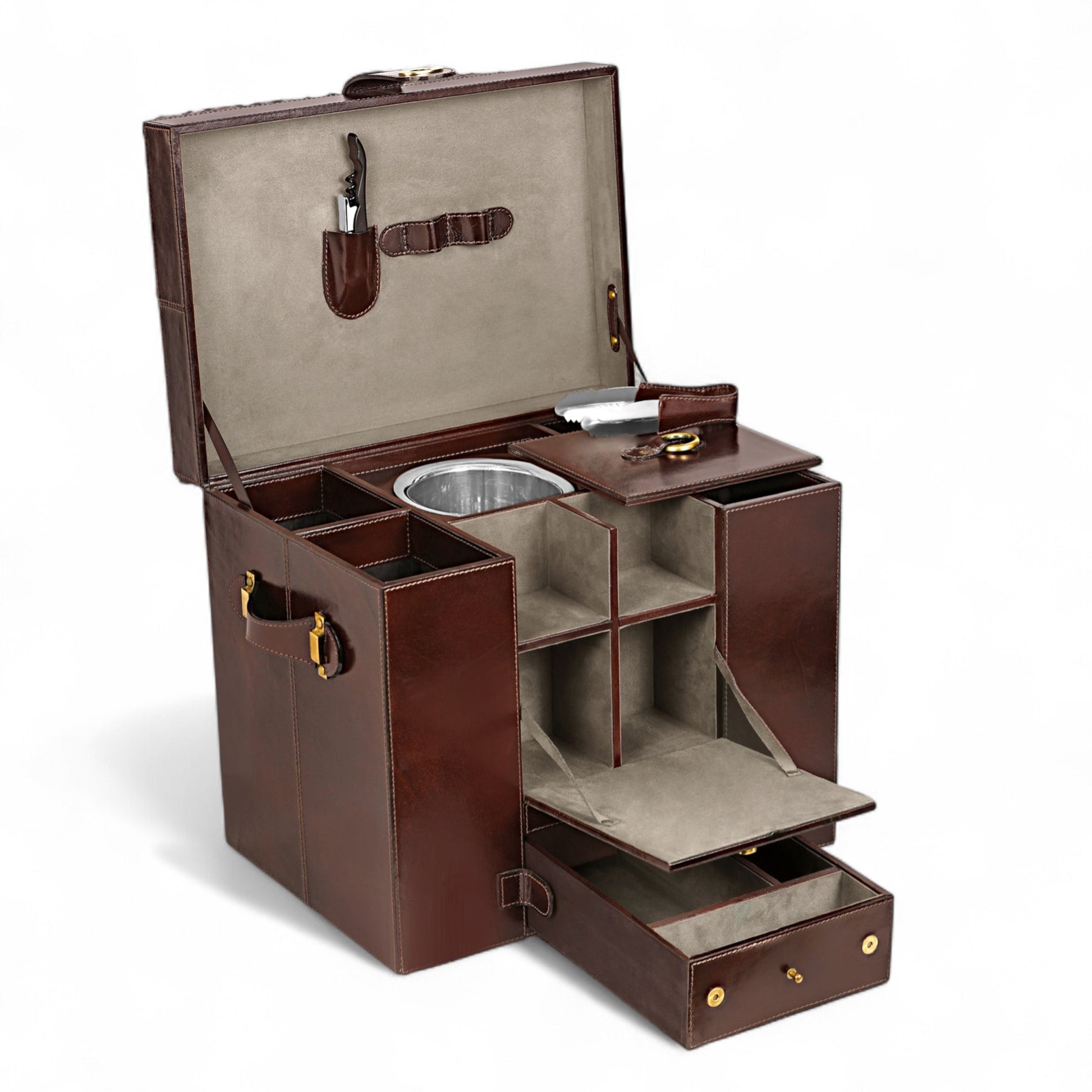 Brown leather briefcase with compartments on a white background