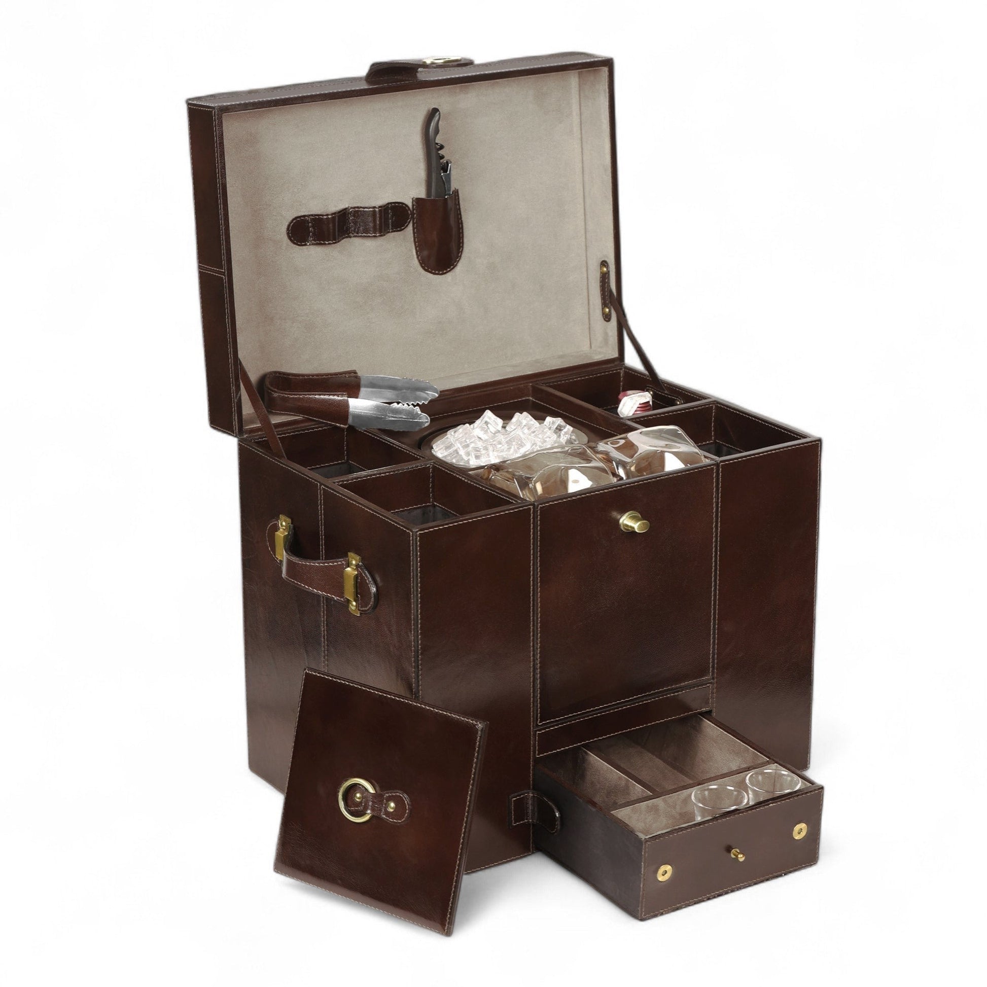 Brown leather jewelry box with compartments on a white background