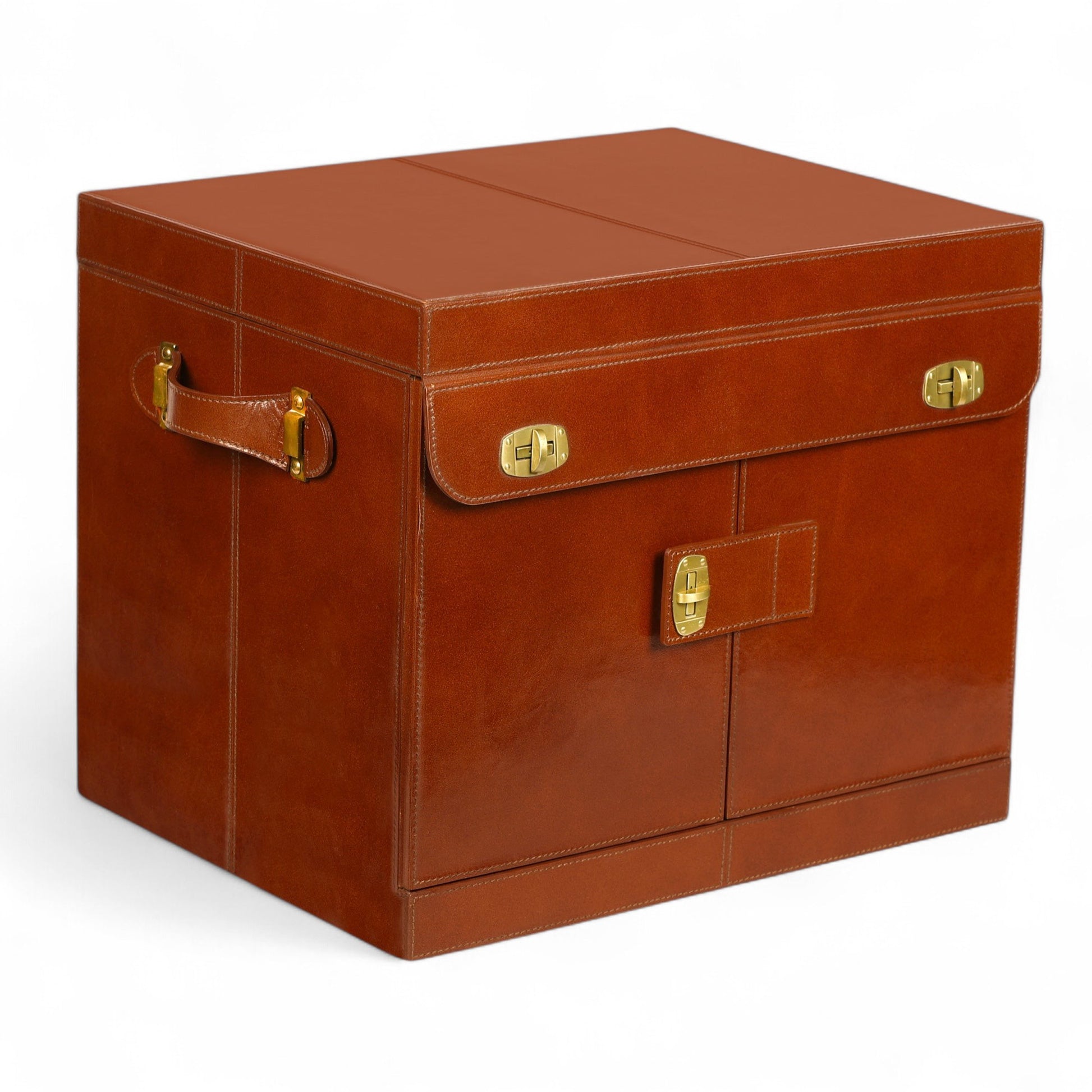 Brown leather suitcase with gold hardware on a white background
