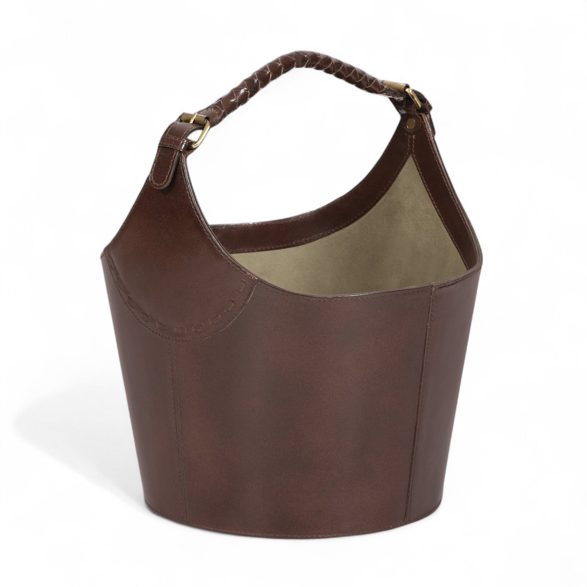 Brown leather handbag with braided handle on a white background