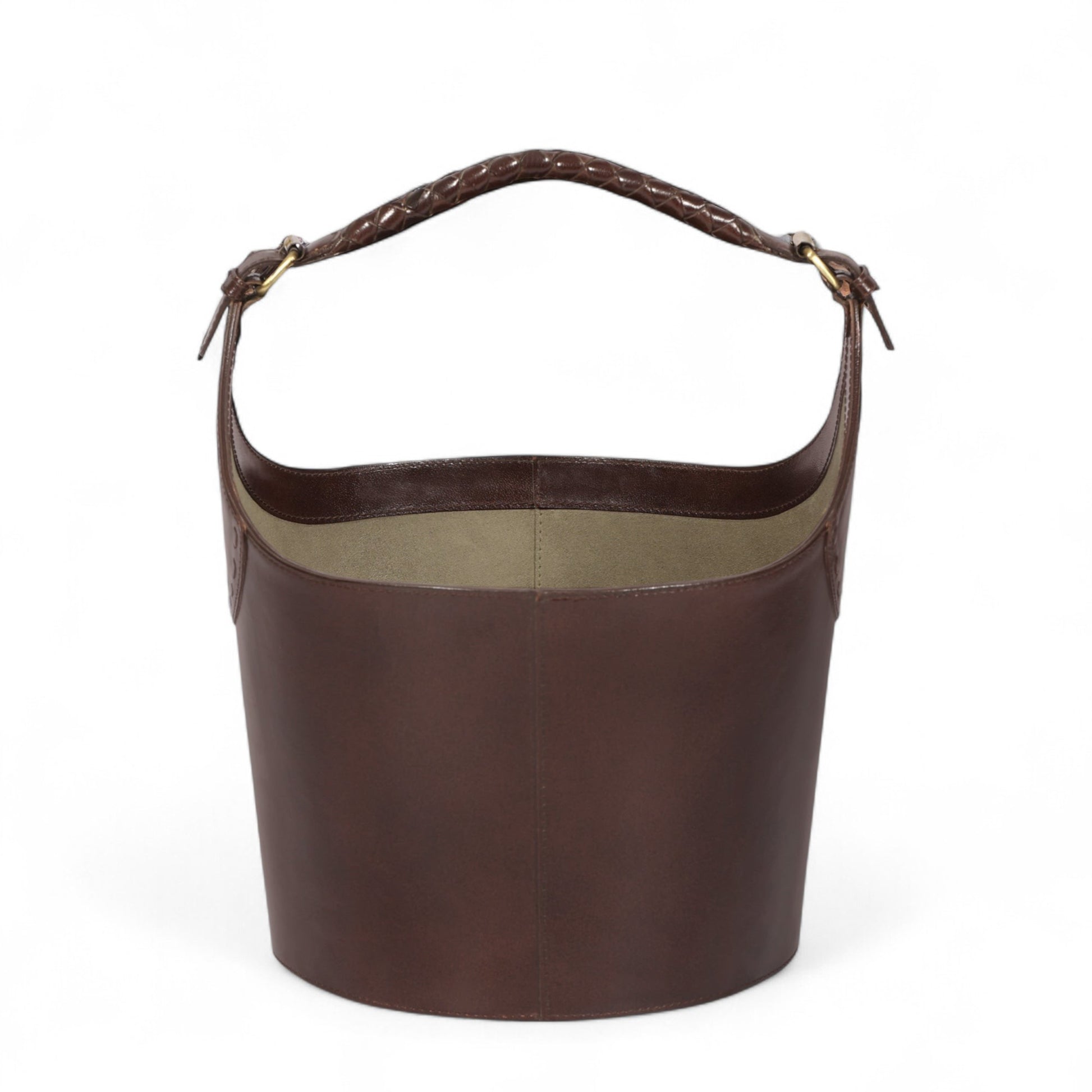 Brown leather handbag with a braided handle on a white background