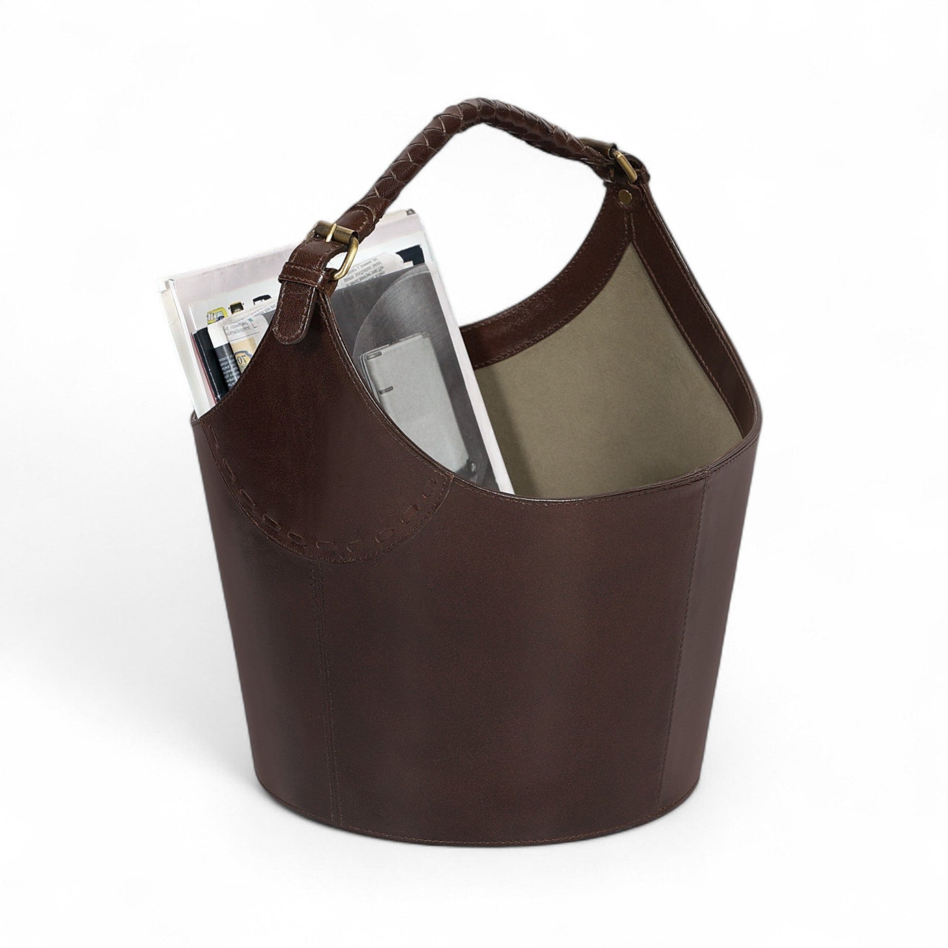 Brown leather magazine holder with a handle on a white background