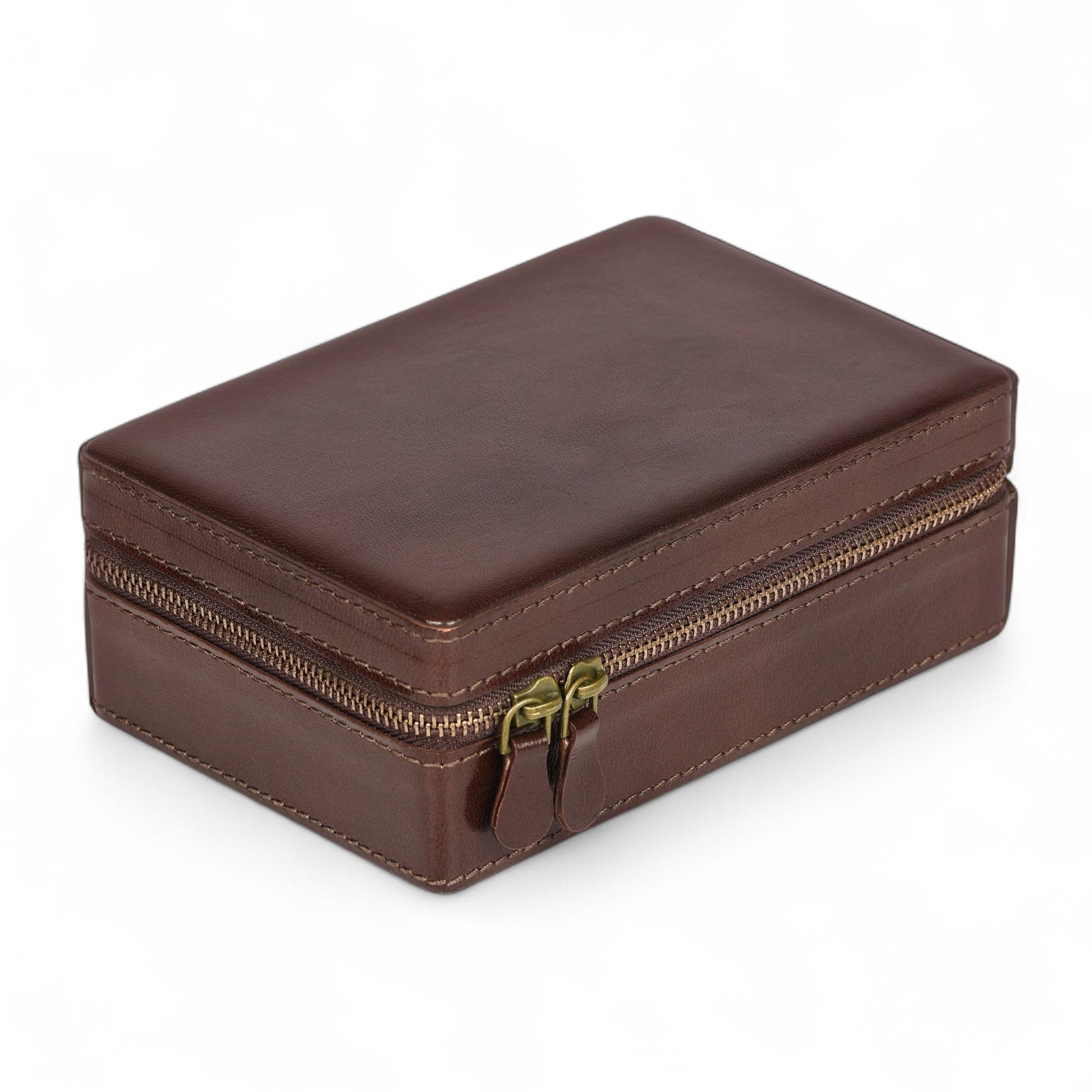 Brown leather jewelry box with a gold zipper on a white background