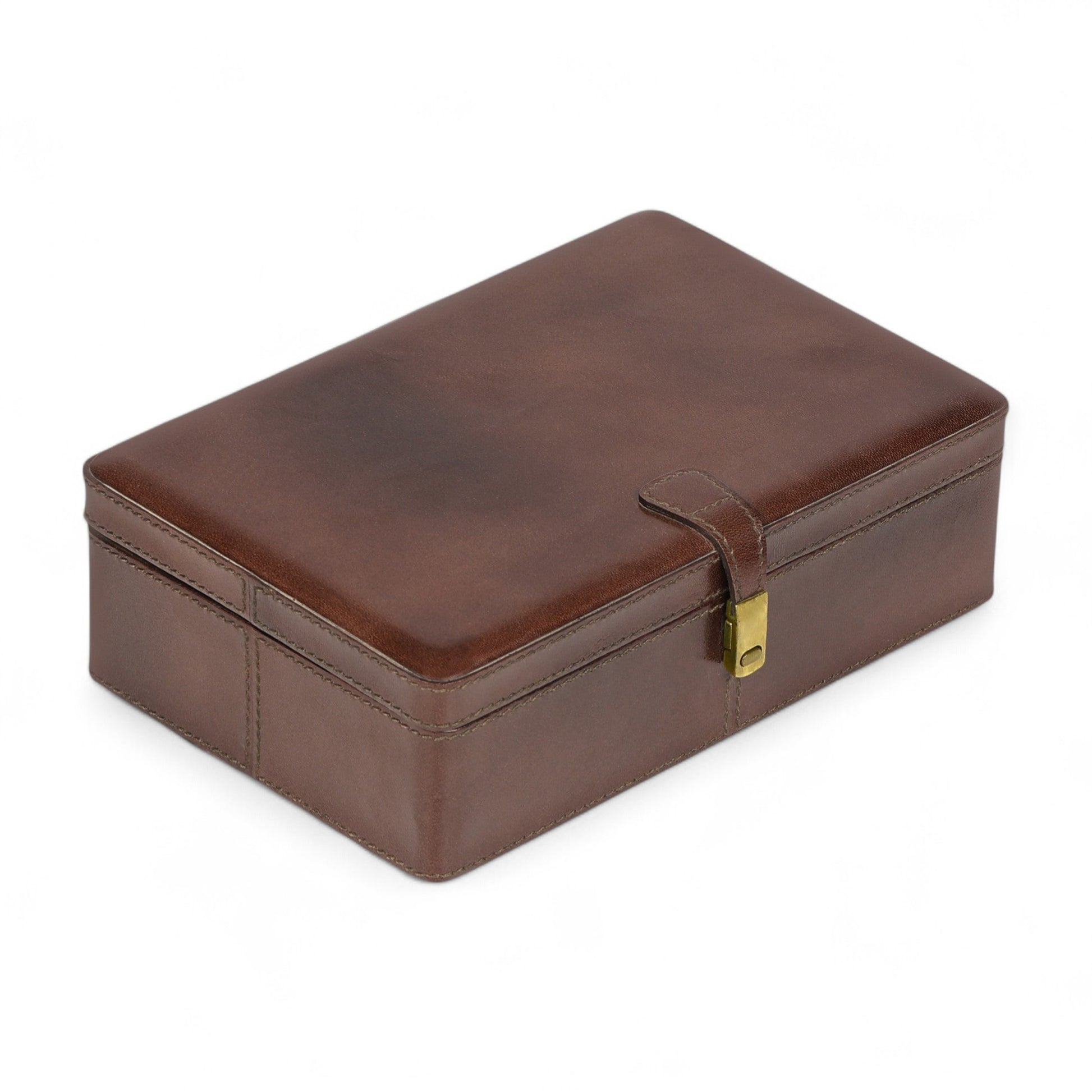 Brown leather jewelry box with a gold clasp on a white background