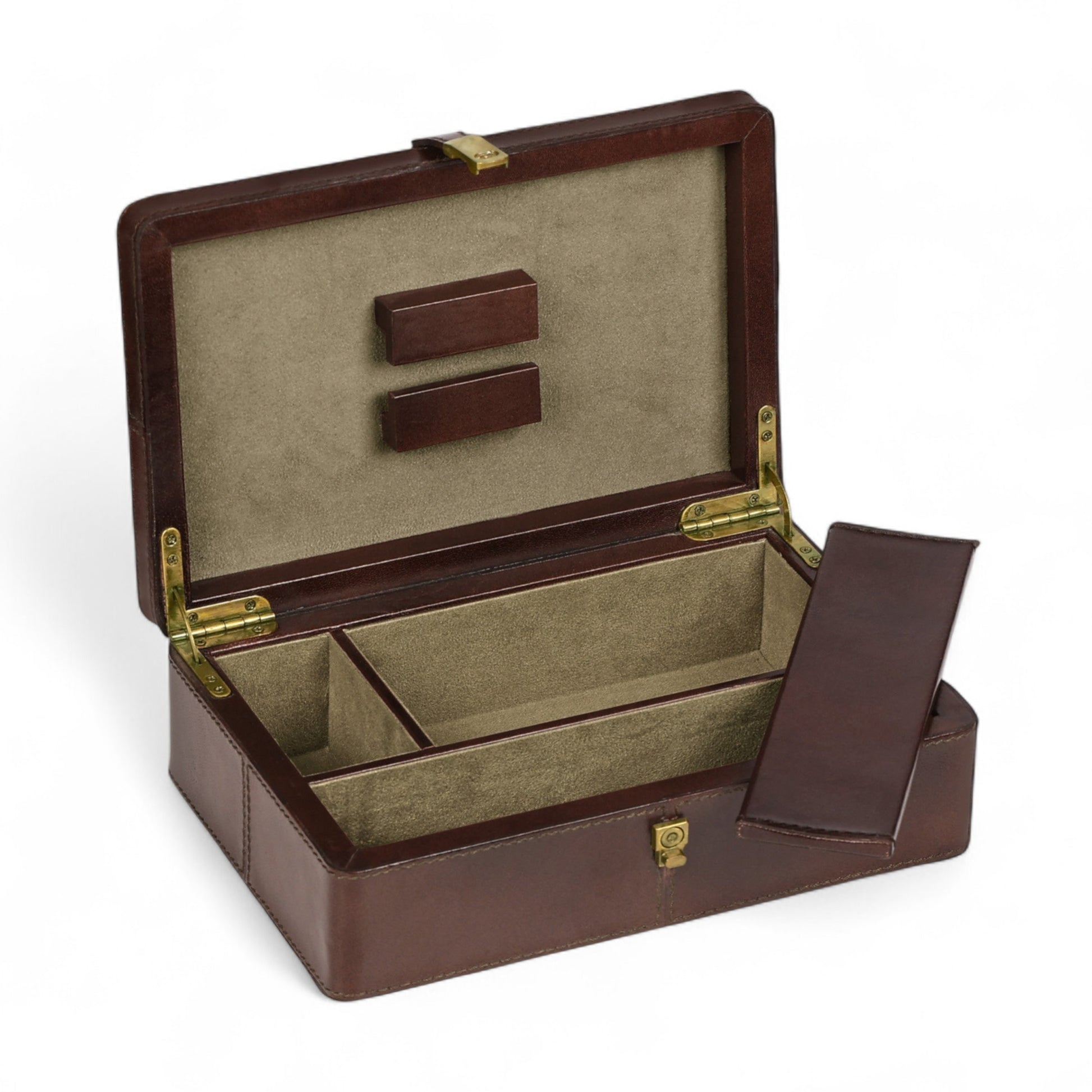 Brown leather jewelry box with gold hardware on a white background