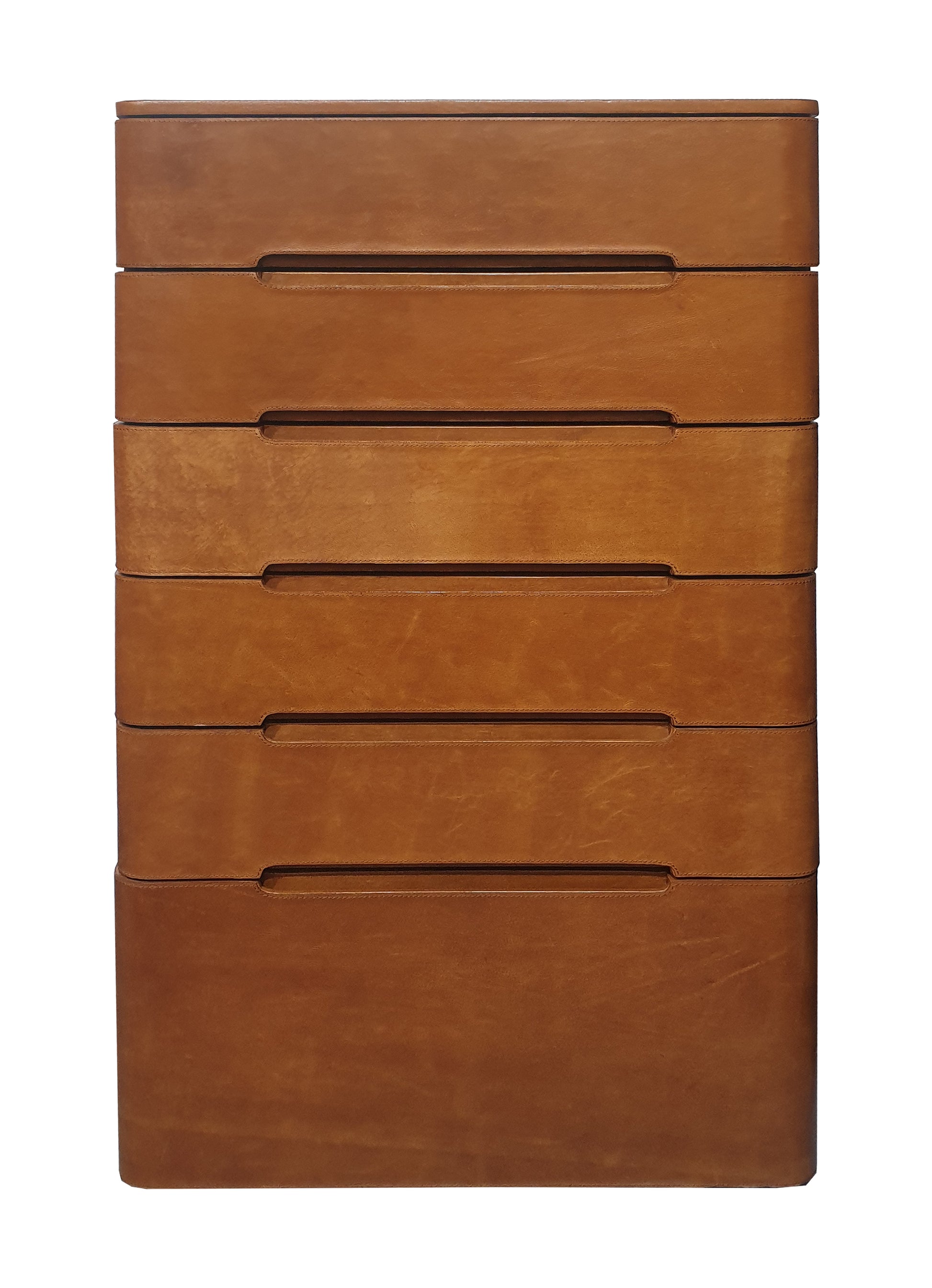 Brown leather dresser with multiple drawers on a white background