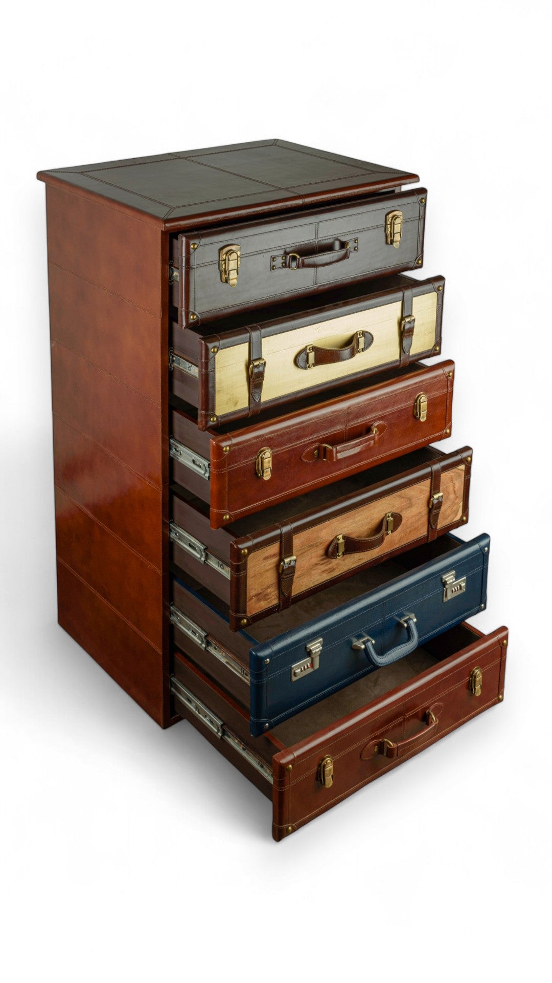 Stack of vintage-style suitcases repurposed as a dresser with different colored lids.