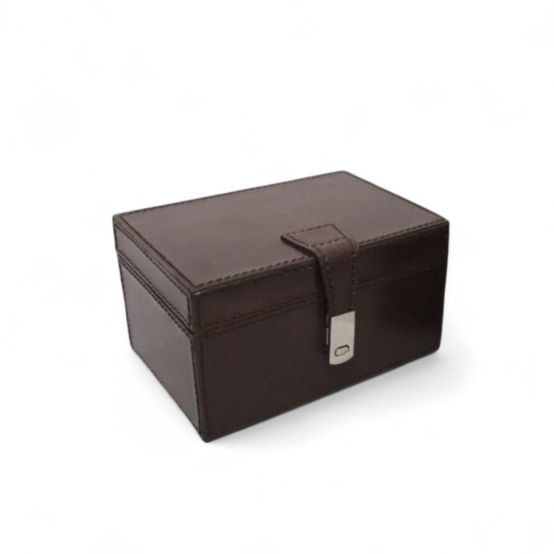 Brown leather jewelry box with a silver clasp on a white background
