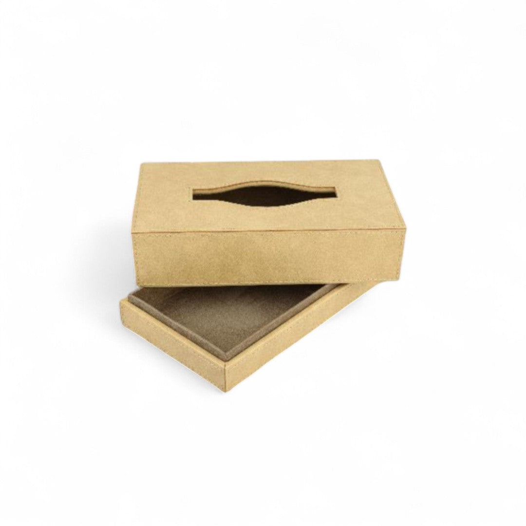 Beigge Suede Leather tissue box with a lid on a white background