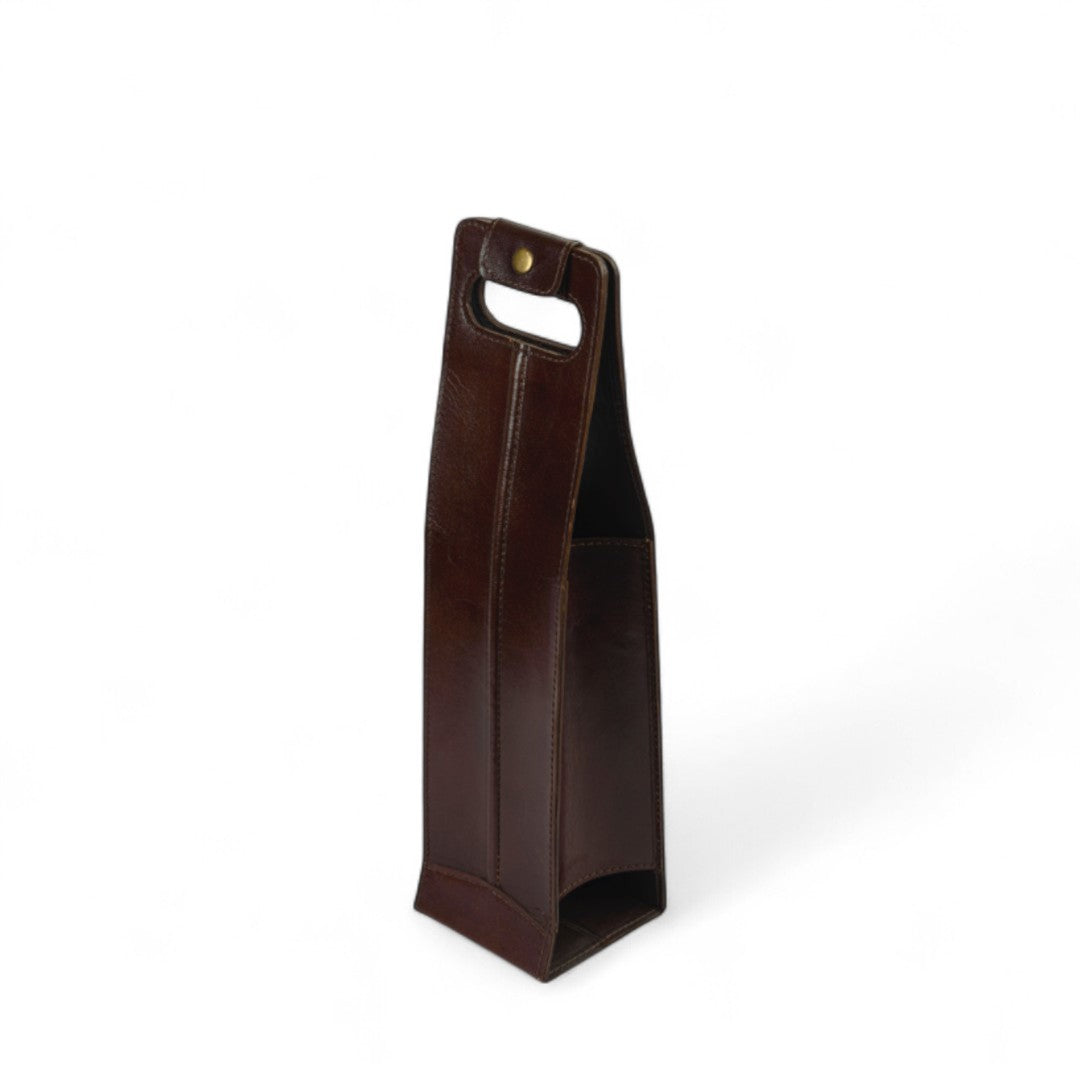 Brown leather wine bottle holder on a white background